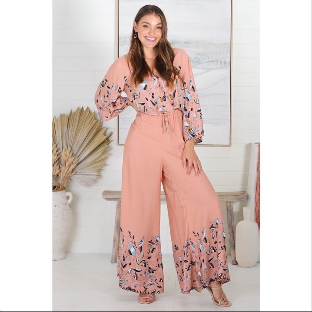 Jaase Floral Dandelion Wide Leg Jumpsuit Peach Blue Small
